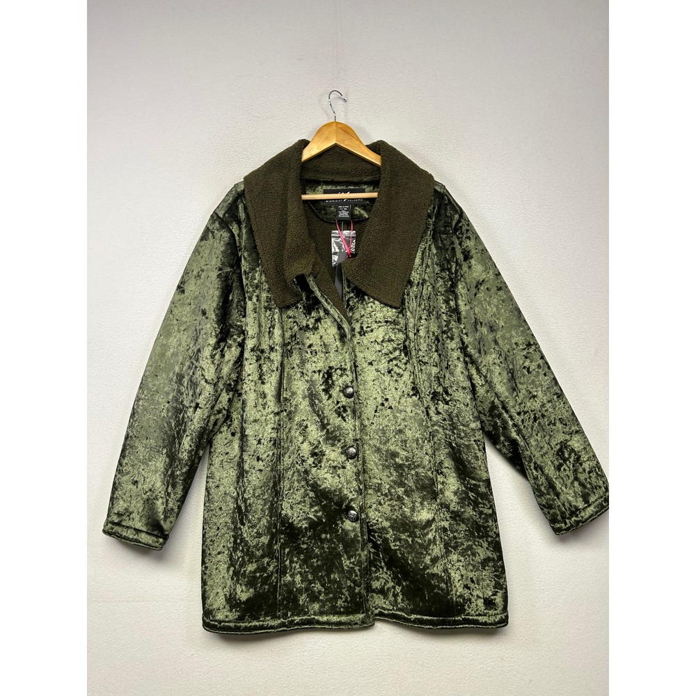 Boho Glam Midnight Velvet Womens 2X Green Crushed Velvet Sherpa Collar Coat